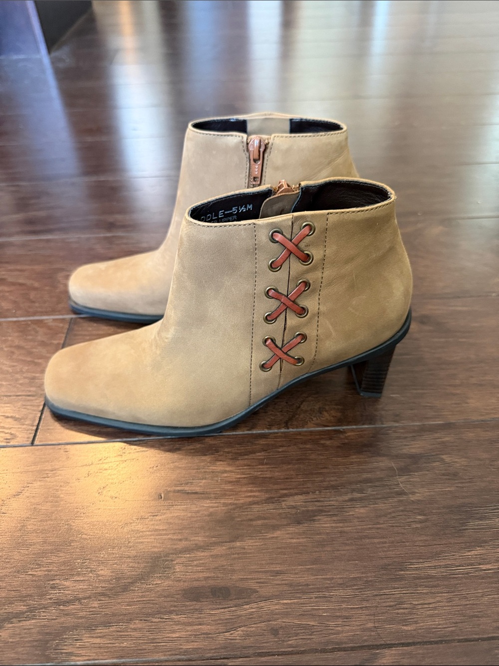 Etienne Aigner Tan Suede Ankle Booties with Lace Detail